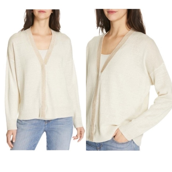 Eileen Fisher Organic Linen V-neck Cardigan Bone Sparkle Trim Size Large $248 - Picture 4 of 11